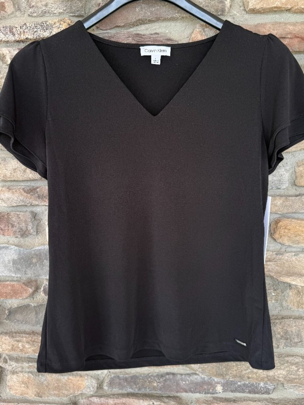 Calvin Klein Women's Black Solid V-Neck Short Flutter Sleeve Top Medium NWT
